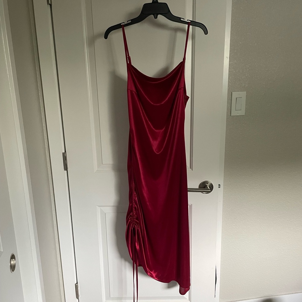 Satin asymmetrical midi cowl neck dress